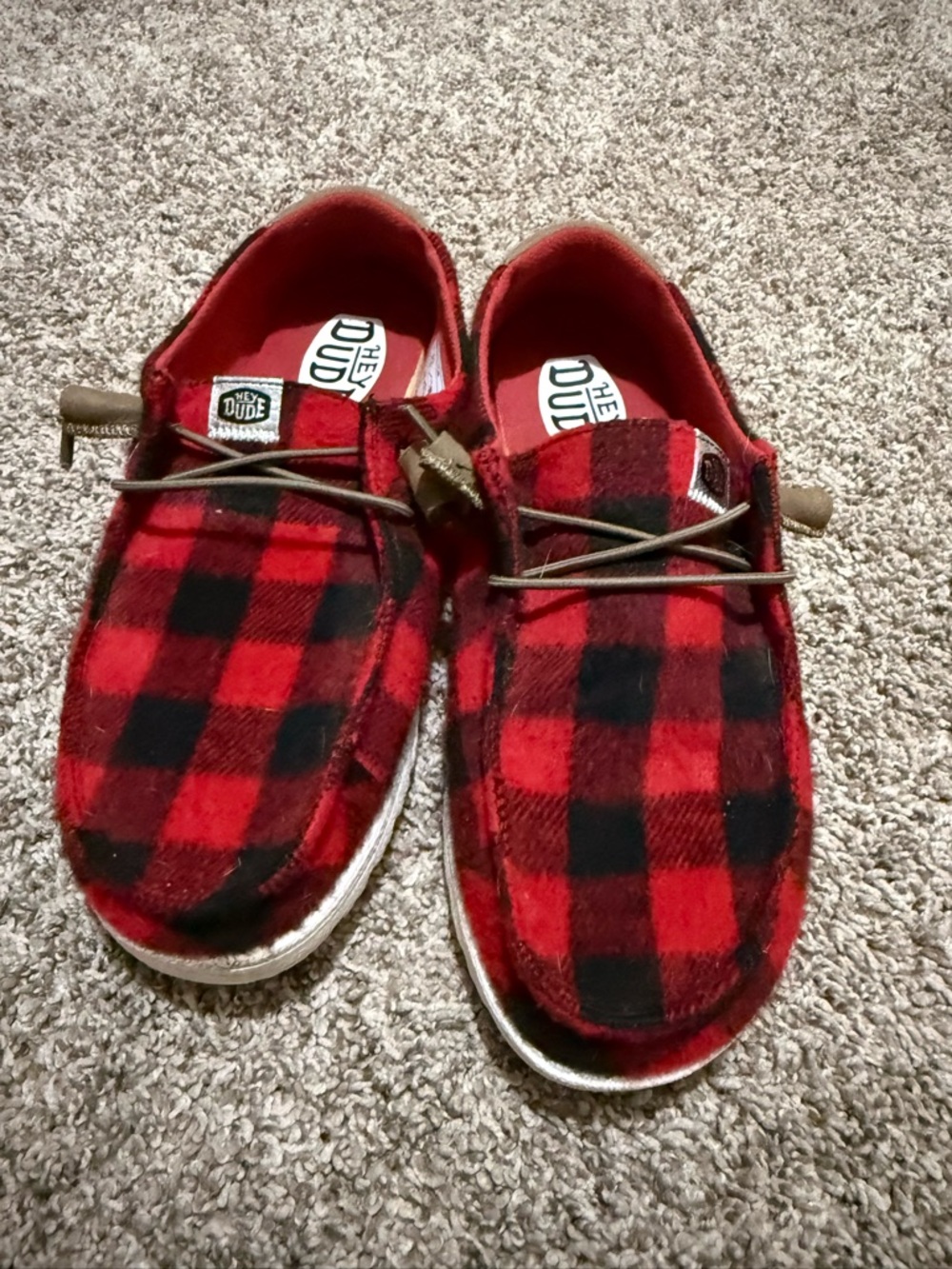 Hey Dude Womens Red and Black Plaid Slip-On Sneakers